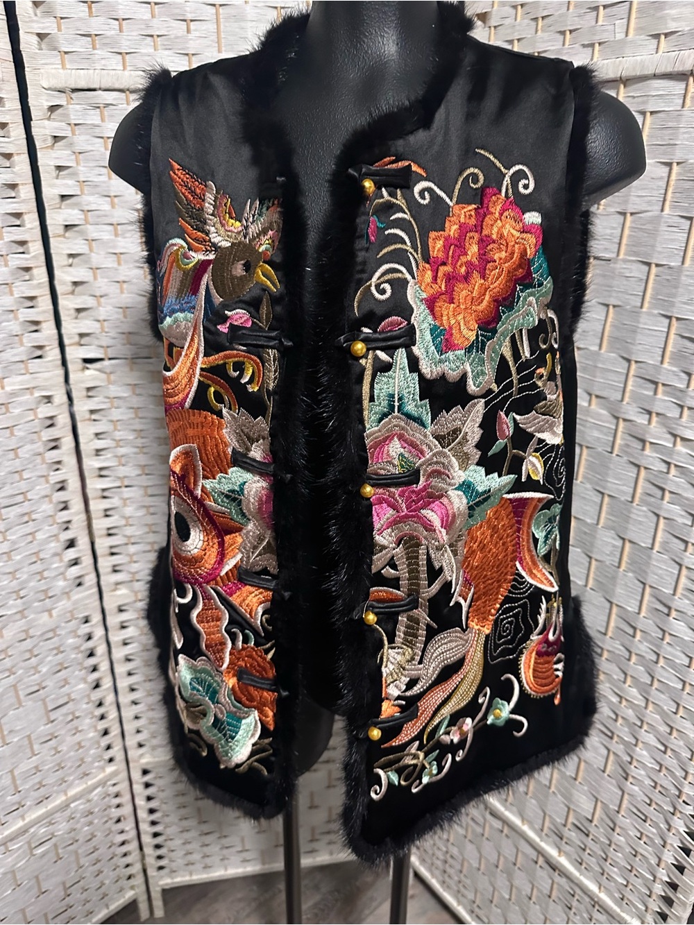 Black Embroidered Oriental-Style Vest with Colorful Phoenix Motif